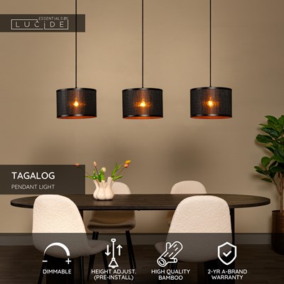 Lucide TAGALOG - Pendant light - Ø 40 cm - 3xE27 - Black | Essential